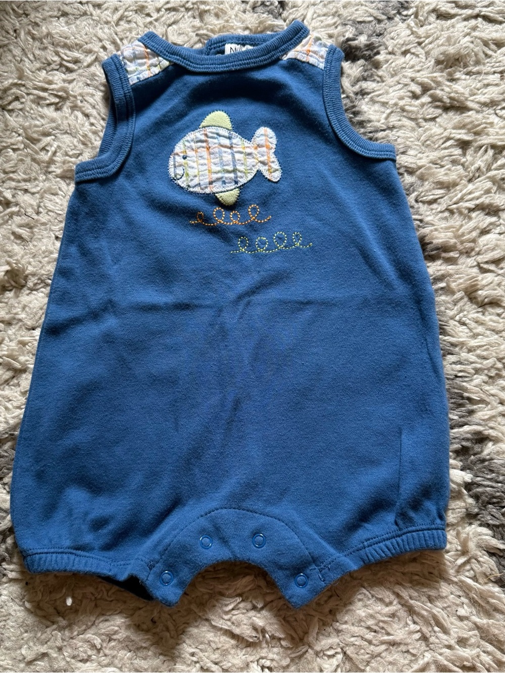Nursery Rhyme Blue Infant Romper with Plaid Fish Detail